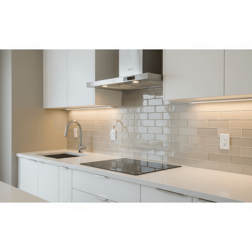 Finished kitchen backsplash in neutral subway tile