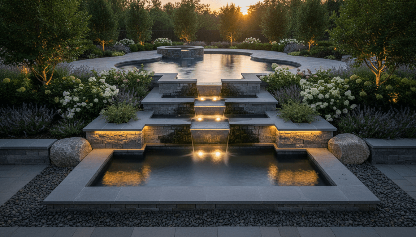 Backyard stone fountain installation in landscaped garden