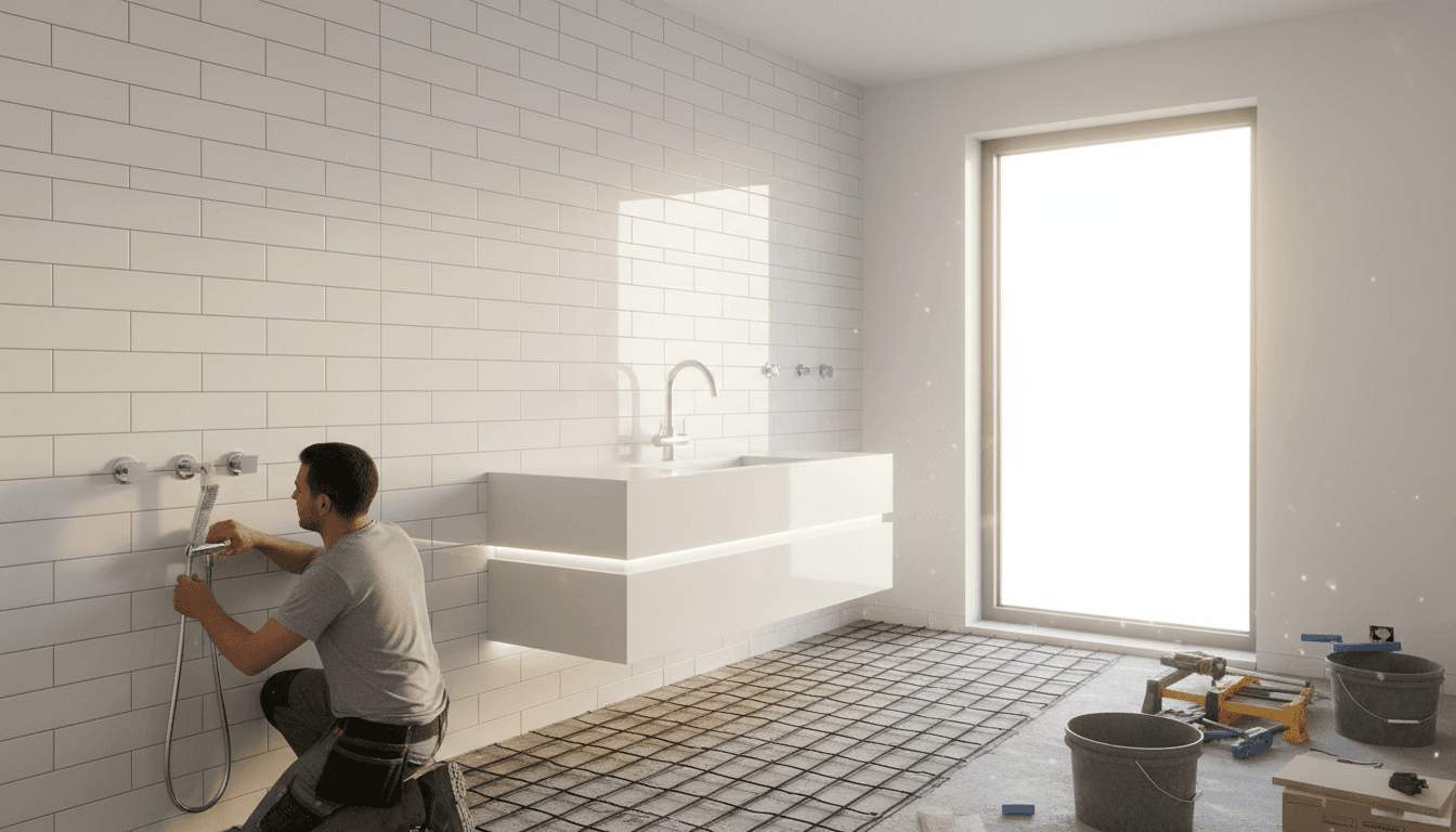Bathroom renovation with removed vanity and unfinished tile