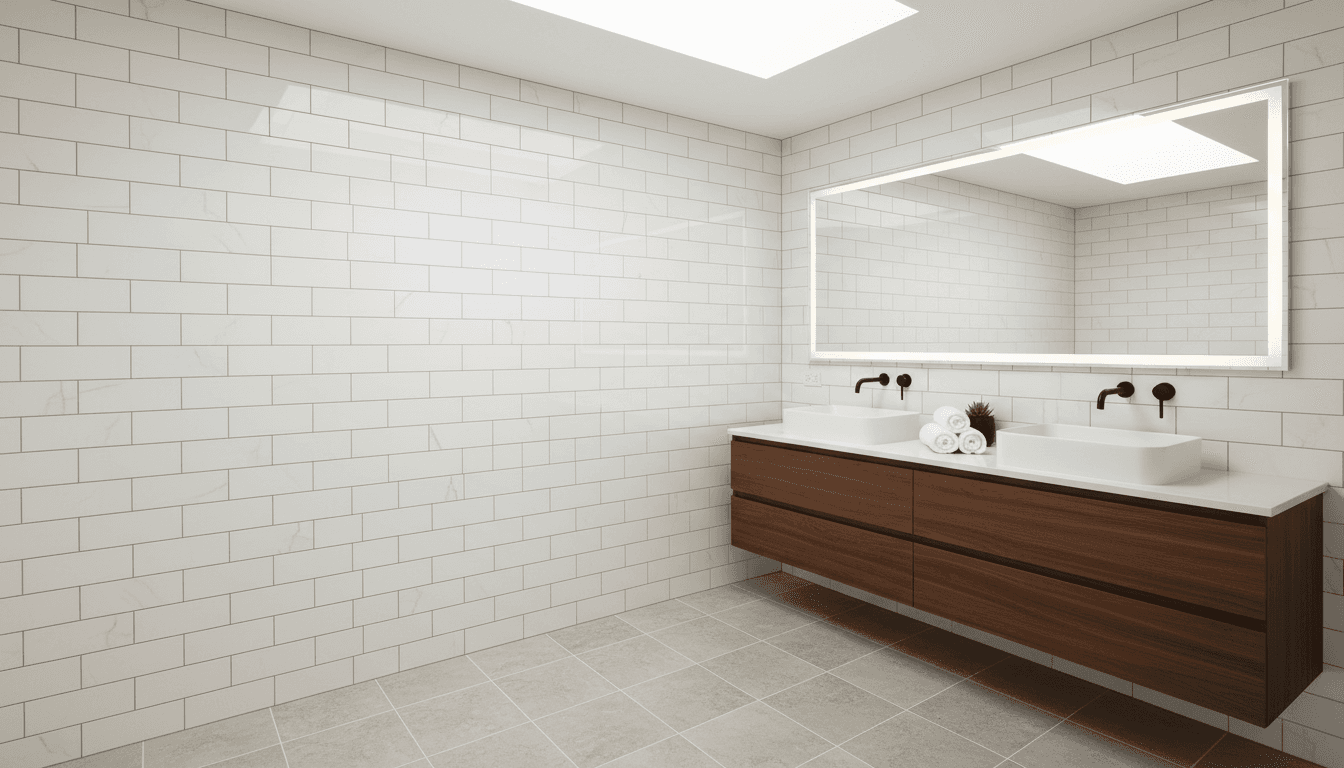 Beige subway tiles installed on a bathroom wall with a marble accent during construction