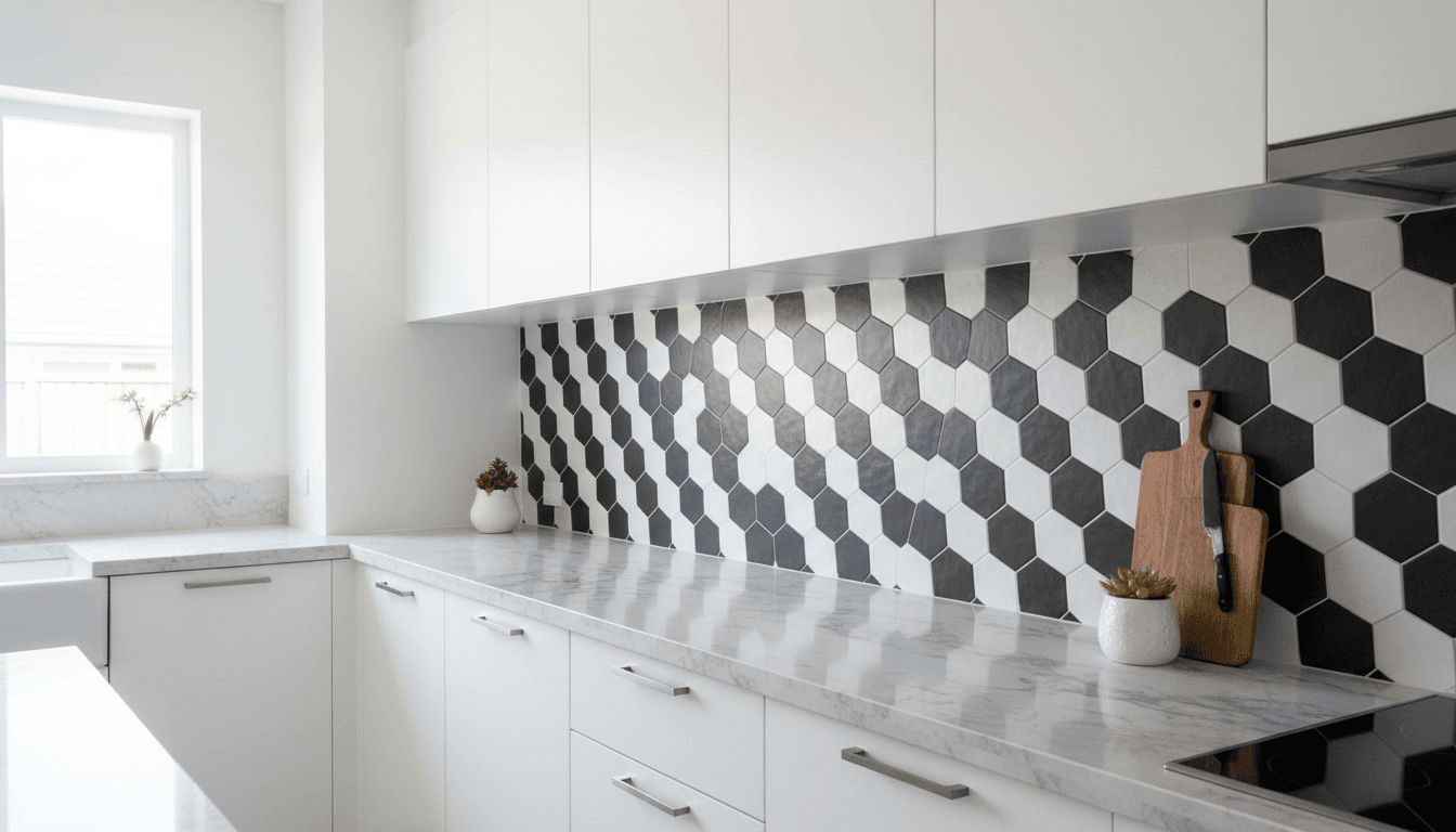 Finished kitchen backsplash with ceramic tile