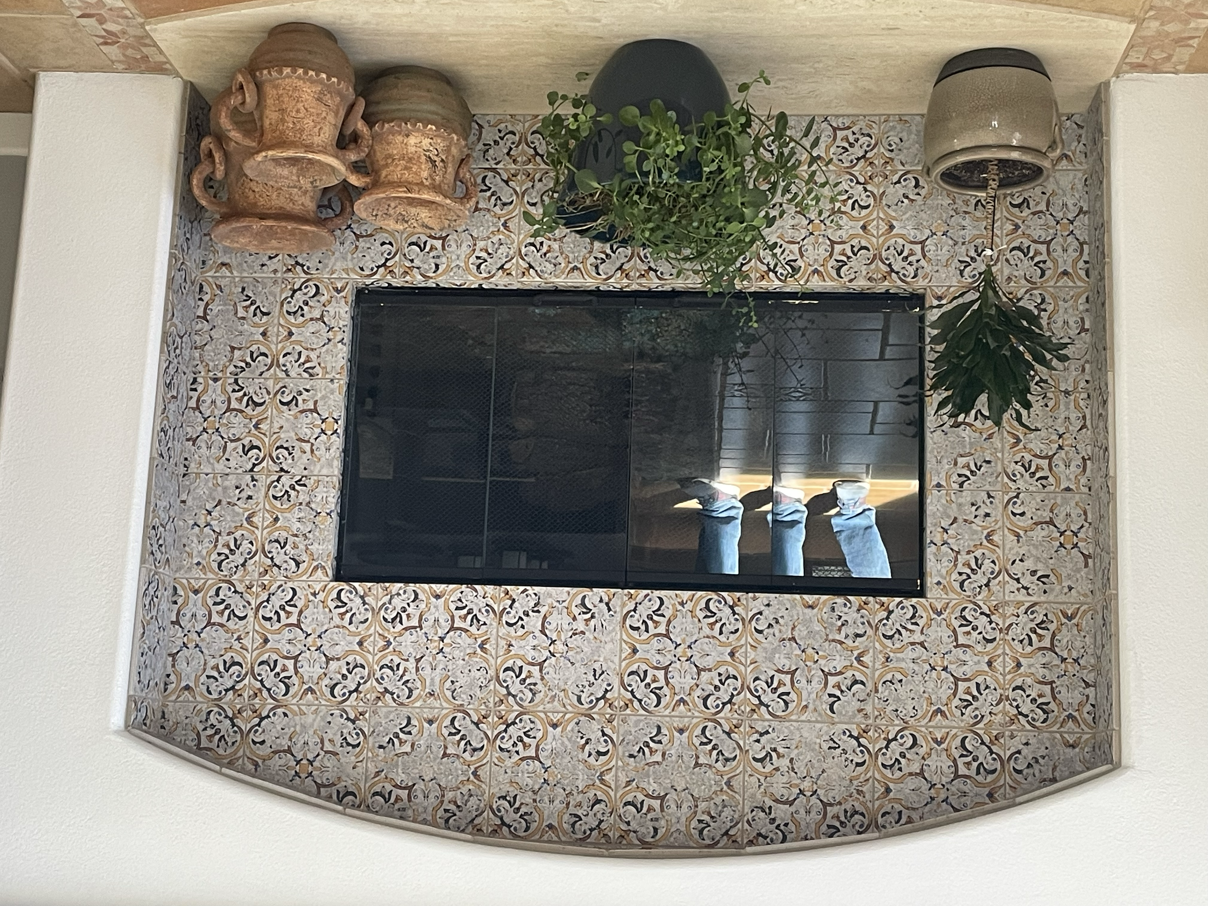 Arched fireplace with patterned tiles, glass doors, and decorative plants and pots on the hearth.